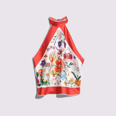 구찌 할터넥 톱 실크 구찌 Flora 프린트 A0041BZAVNM6397